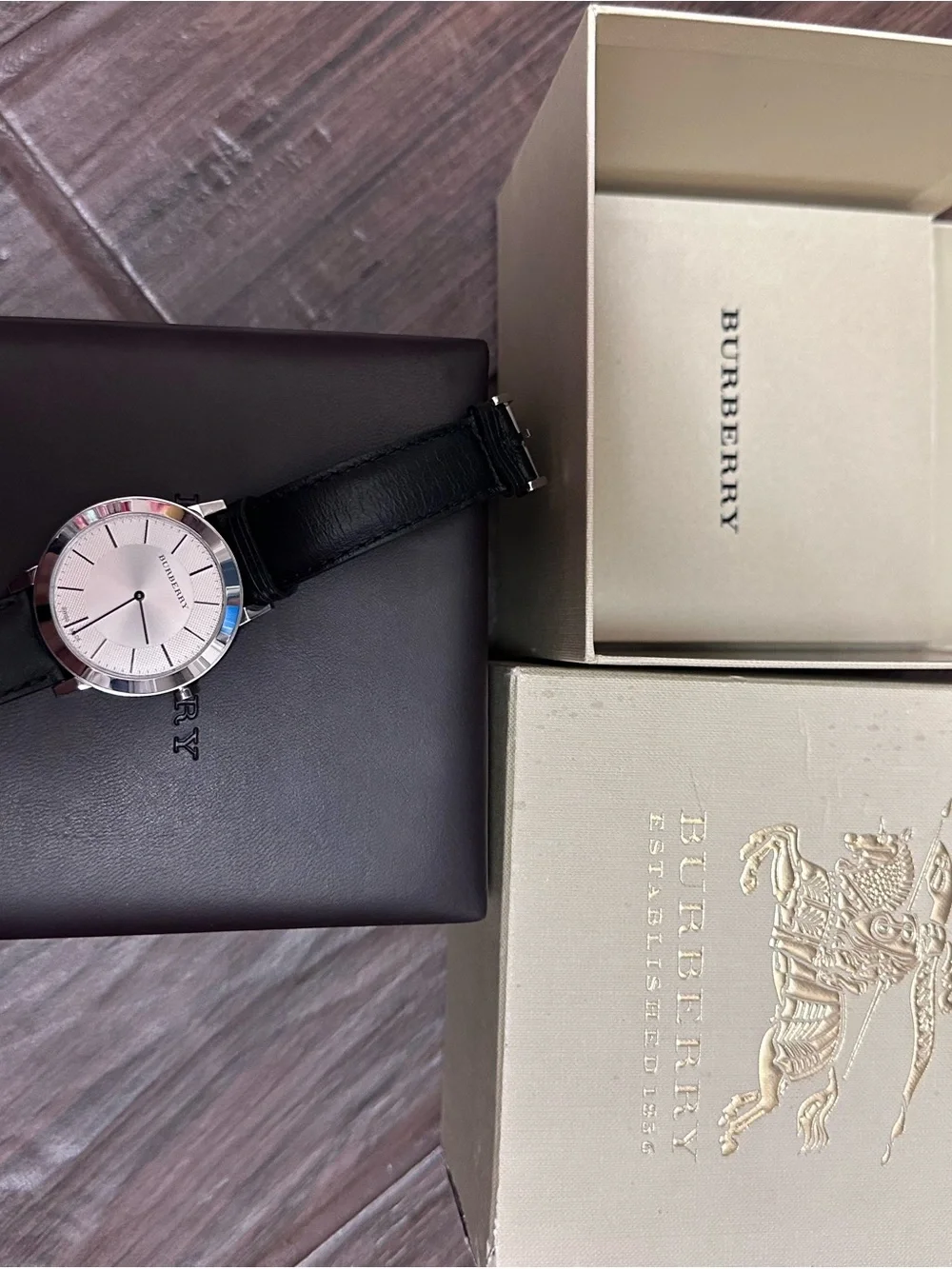 Burberry Unisex Silver Dial Black Leather Watch